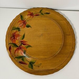 Vintage Beautiful Hand Painted Wooden Tray Round 13” Floral Lily Pink Scallop